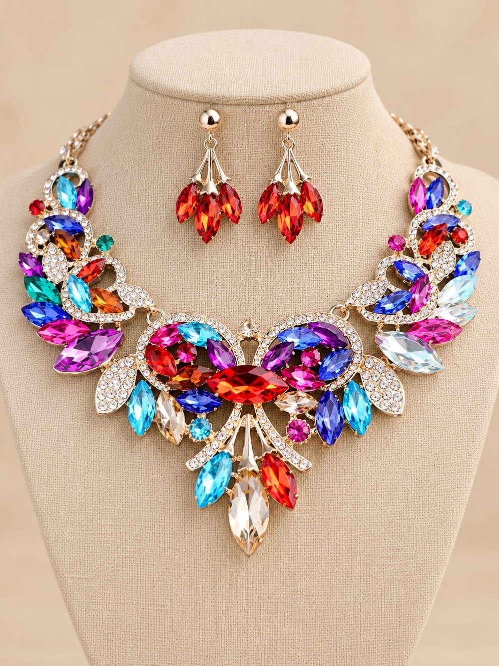 Exquisite Statement Necklace with Red Accent Earrings